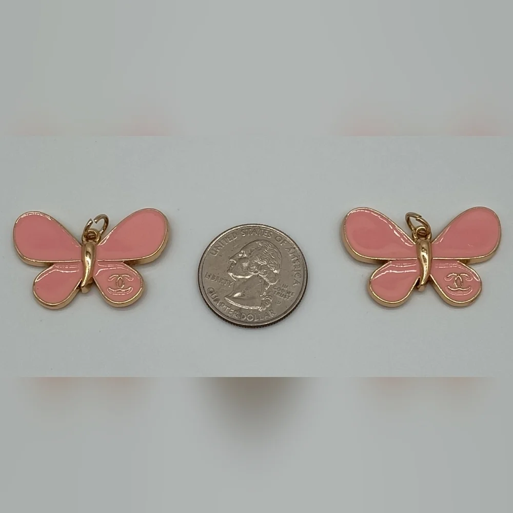 CHANEL Pink Enamel Butterfly Charms Set of 2 Karl Lagerfeld Era Signed Gold Tone